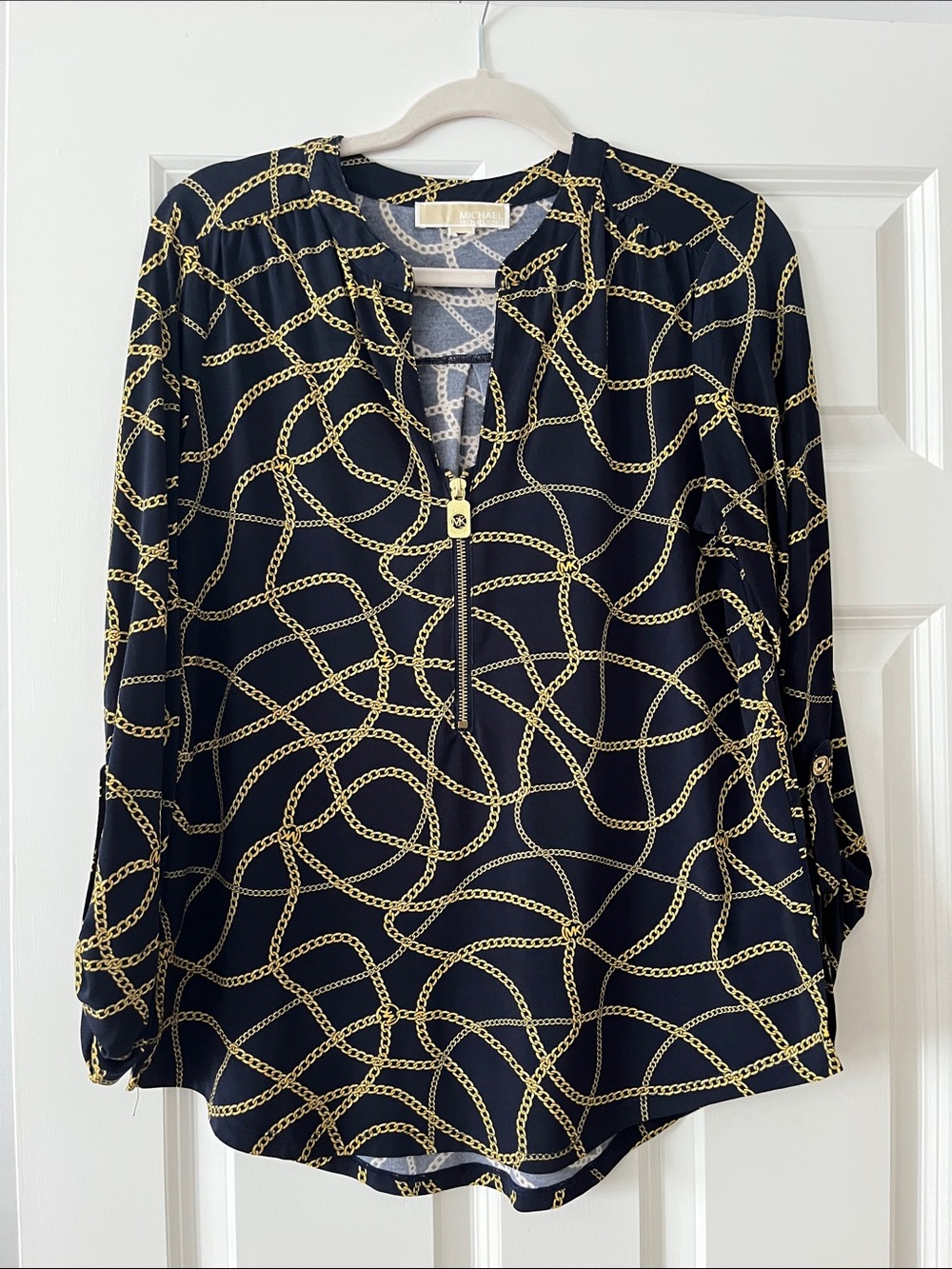 MICHAEL Michael Kors Navy Blouse with Gold Chain Print and Zip Front